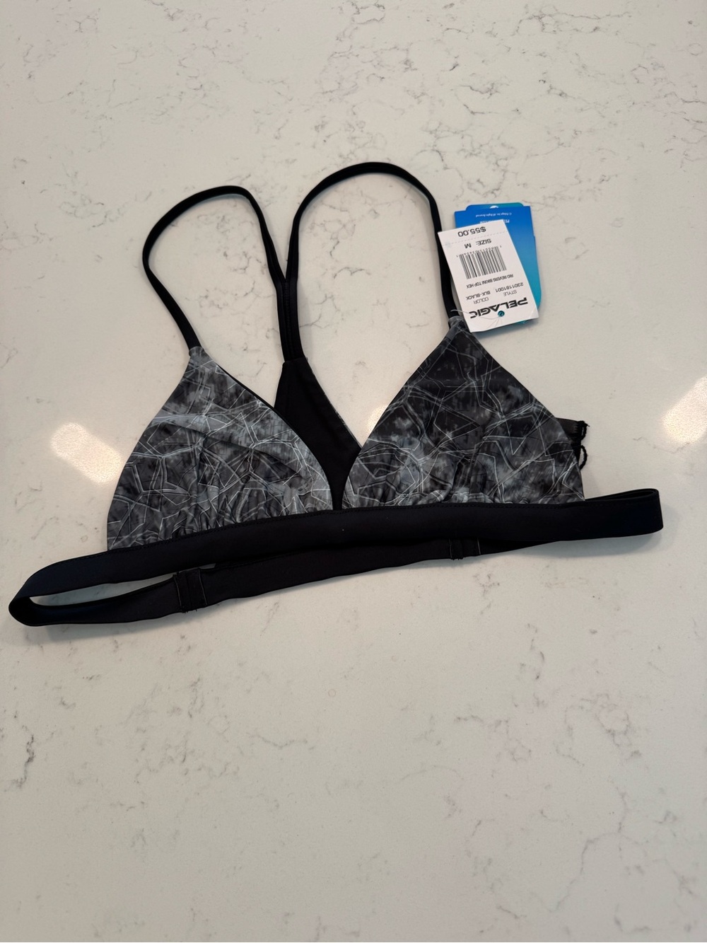 NWT reversible Pelagic Black & Gray Marble Triangle swim bikini top size Medium